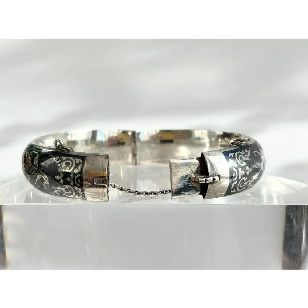Siam Sterling Silver 925 Hand Carved Hinged Enclosure Vintage Bangle Bracelet - Picture 10 of 16